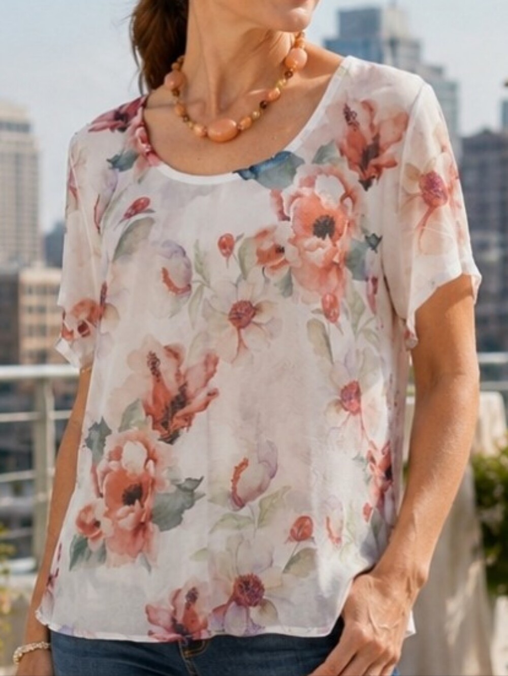 Love J White Floral Sheer Short Sleeve Top